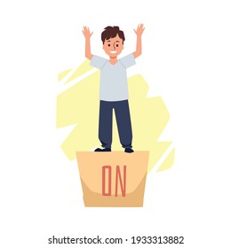 Visual infographic of preposition of place with boy standing on the box, flat vector illustration isolated on white background. Preposition of location and position.