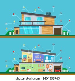 Visual infographics smart modern home. Interior and exterior of the house, cross section with set of rooms and icons, concept of architecture, construction, technological logos. Vector illustration.