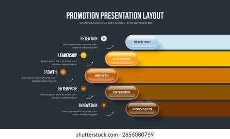 Ilustração Vetorial Visual Innovation Slide Design. Business Review Modelo de quadro de infográfico de cinco opções. Layout de apresentação do diagrama de elemento do Investor Planning 5.