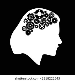 A visual of the inside of a woman's brain. A woman with gears inside head illustration. art illustration icon symbols of human head silhouette with gears