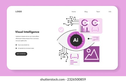 Visual intelligence web banner or landing page. Ai, self-learning computing system processing data for image recognition. Modern deep machine learning technology. Flat vector illustration