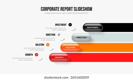 Visual Introduction 4 Option Diagram Slideshow Layout. Investor Growth Slide Design Vector Illustration. Company Briefing Four Step Infographic Frame Template.