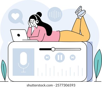 Visual Journey into Podcasts World concept, Girl Lying on Podcastic player working laptop vector design Slice of life journalism scene Web television series banner vodcast audio blogging illustration