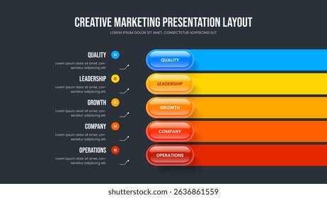 Visual Launch Five Option Diagram Presentation Layout. Investor Review Frame Design Vector Illustration. Advertising Briefing 5 Step Infographic Slideshow Template.