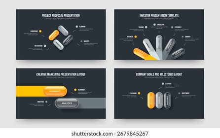 Visual Launch Four Five Two Three Option Diagram Slideshow Layout Vector Illustration Set. Investor Showcase 4 5 2 3 Element Infographic Slide Design Collection.