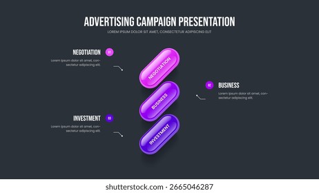 Visual Launch Slide Template Vector Illustration. Product Insight 3 Step Infographic Frame Layout. Advertising Profile Three Option Diagram Presentation Design.