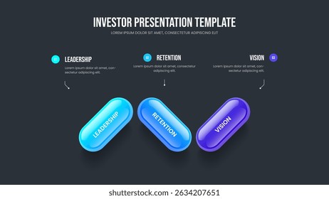 Visual Launch Slideshow Design Vector Illustration. Modern Planning 3 Option Diagram Slide Template. Financial Profile Three Element Infographic Frame Layout.