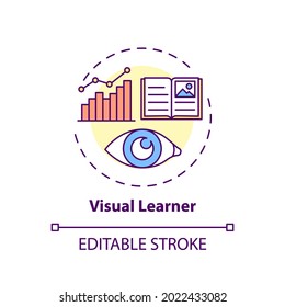 Icono de concepto de aprendedor visual. Método de aprendizaje con imágenes. Autodesarrollo, estudio de la idea de estrategia de la ilustración de línea delgada. Dibujo de color RGB con contorno aislado del vector. Trazo editable