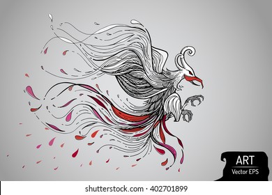 The visual line art of fantasy bird. vector file. a little warm red and pink tone. fighting moving and jumping concept. best use for t-shirt, tattoo, sticker decoration