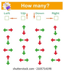 Visual logic game. Left or Right. Up or down. Logic game for kids. Count how many turned left and how many are turned right, also up and down.