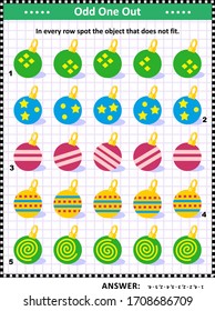 Visual logic puzzle with christmas ornaments: In every row spot the object that does not fit. Answer included.