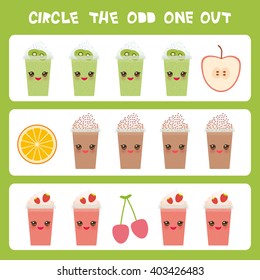 Visual logic puzzle Circle the odd one out. Kawaii colorful apple coffee smoothies orange cherry with pink cheeks and winking eyes, pastel colors on white background. Vector