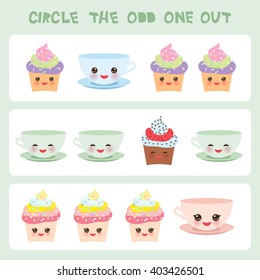 Visual logic puzzle Circle the odd one out. Kawaii colorful cupcake coffee cup with pink cheeks and winking eyes, pastel colors on white background. Vector