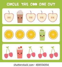 Visual logic puzzle Circle the odd one out. Kawaii colorful apple coffee smoothies orange cherry with pink cheeks and winking eyes, pastel colors on white background. Vector