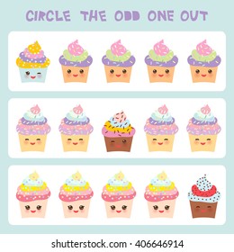 Visual logic puzzle Circle the odd one out. Kawaii colorful cupcake with pink cheeks and winking eyes, pastel colors on white background. Vector