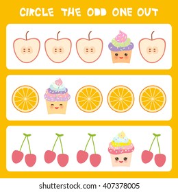 Visual logic puzzle Circle the odd one out. Kawaii colorful cupcake apple orange cherry with pink cheeks and winking eyes, pastel colors on white background. Vector