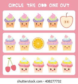 Visual logic puzzle Circle the odd one out. Kawaii colorful cupcake apple orange cherry  with pink cheeks and winking eyes, pastel colors on white background. Vector