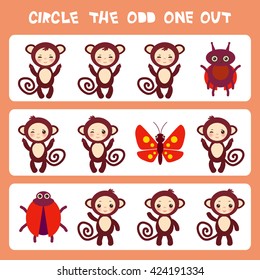 Visual logic puzzle Circle the odd one out. Kawaii brown monkey with pink cheeks and winking eyes, butterfly and ladybug pastel colors on pink background. Vector