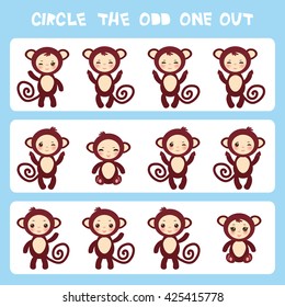 Visual logic puzzle Circle the odd one out. Kawaii brown monkey with pink cheeks and winking eyes, pastel colors on blue background. Vector