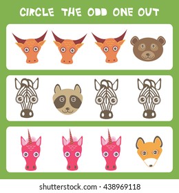 Visual logic puzzle Circle the odd one out. Kawaii animals cow bear raccoon zebra unicorn fox, pastel colors on blue background. Vector