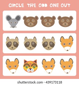 Visual logic puzzle Circle the odd one out. Kawaii animals Mouse bear raccoon fox cat, pastel colors on blue background. Vector