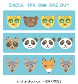 Visual logic puzzle Circle the odd one out. Kawaii animals fox raccoon panda bear wolf dog leopard, pastel colors on blue background. Vector