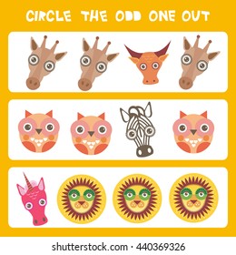 Visual logic puzzle Circle the odd one out. Kawaii animals cow zebra lion unicorn giraffe owl, pastel colors on blue background. Vector