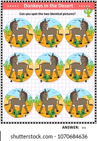 Visual logic puzzle with donkeys, or burros: Can you find the two identical pictures? Answer included.