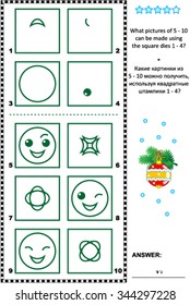 Visual logic puzzle: What pictures of 5 - 10 can be made using the square dies 1 - 4? Plus same task text in Russian. Answer included.
