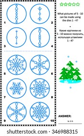 Visual logic puzzle: What pictures of 5 - 10 can be made using the dies 1 - 4? Plus same task text in Russian. Answer included.
