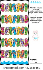 Visual logic puzzle: Which two pictures of the five flip-flops rows are the exact mirror images of each other? Answer included.
