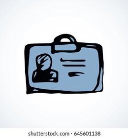 Visual man cardholder for lanyard latch on white backdrop. Outline black ink hand drawn picture logo sketchy in art retro scribble outline graphic style pen on paper. Closeup view with space for text