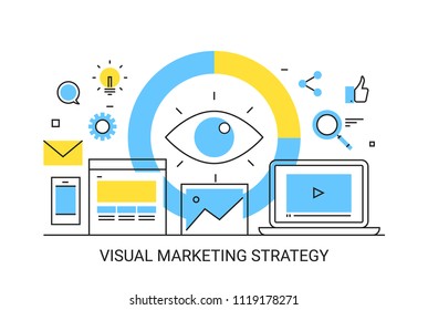 Visual marketing, Digital marketing formats, web based marketing - flat line vector illustration isolated on white background