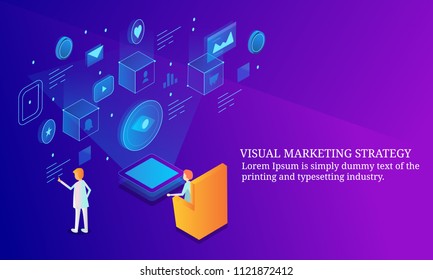 Visual marketing, visual strategy and information - 3D style isometric design banner with icons and texts