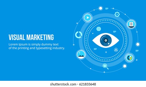 Visual marketing, marketing through visual contents flat vector concept with icons