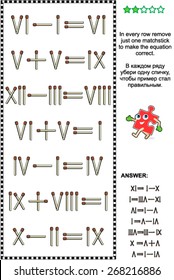 Visual Math Puzzle With Roman Numerals: In Every Row Remove Just One Matchstick To Make The Equation Correct. Answer Included. 