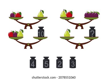 Visual math puzzle with scales and weights. What weight of four below is hidden under the question mark? Math game for kids of school and preschool age. Vector illustration