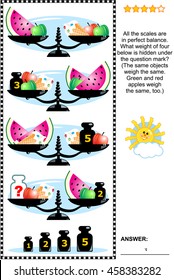 Visual math puzzle with scales, weights,  apples, ice cream cones and watermelon slices.  What weight of four below is hidden under the question mark? Answer included.
