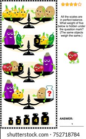 Visual math puzzle with scales, weights, eggplants, onions, potatoes, cucumbers and tomatoes: What weight of five below is hidden under the question mark? Answer included.