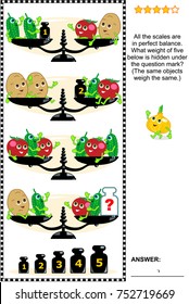 Visual math puzzle with scales, weights, potatoes, cucumbers and tomatoes: What weight of five below is hidden under the question mark? Answer included.