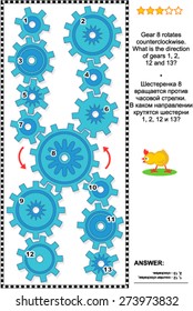 Visual mechanics or math puzzle with rotating clockwise and counterclockwise gears. Answer included.
