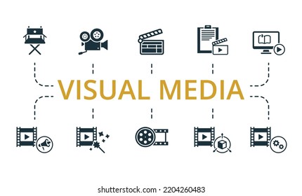 Visual Media set icon. Editable icons visual media theme such as movie roll, pronotion video, video optimization and more.