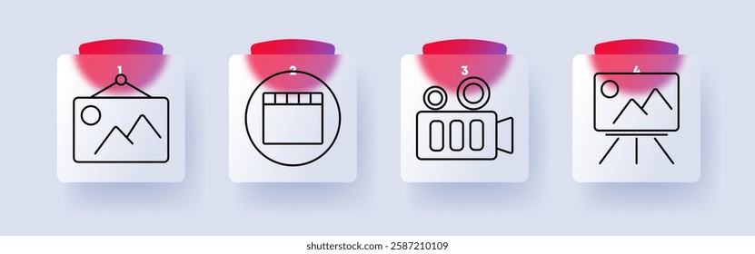 Visual media set icon. Hanging picture, clapperboard inside a circle, video camera, image projection, photography, filmmaking, display, recording, multimedia