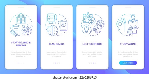 Estrategias de memorización visual pantalla de aplicación móvil con degradado azul. Recorrido 4 pasos instrucciones gráficas con conceptos lineales. UI, UX, plantilla GUI. Multitud de tipos de letra Pro-Bold, con uso regular