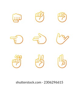 Mensajes visuales por píxel de mano conjunto de iconos vectoriales lineales de gradiente perfecto. Gestos tradicionales. Lengua corporal. El símbolo de contorno delgado diseña el paquete. Colección de ilustraciones de esquema aisladas