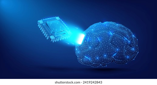 Eine visuelle Metapher für AI und maschinelles Lernen mit einem leuchtenden digitalen Gehirn verbunden mit Mikrochip auf dunkelblauem Hintergrund. Futuristisches Neuronales Netzkonzept mit digitalem Leuchtmittel und Mikrochip.