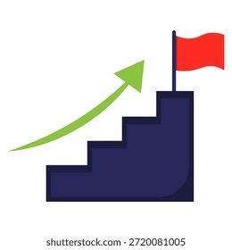 Metáfora visual del progreso empresarial, que muestra una flecha ascendente y escaleras que conducen a una bandera