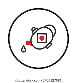 Uma metáfora visual que significa a questão crítica do vazamento de petróleo, usando um simples gráfico de símbolo de petróleo com um quadrado vermelho, enfatizando o dano potencial ao meio ambiente e a necessidade urgente