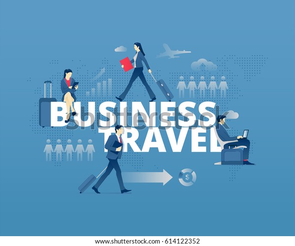 世界の出張の視覚的な例え Business Travelという言葉の周りで 男性と女性が顔を見ない行動をとっています 青の背景にベクターイラスト のベクター画像素材 ロイヤリティフリー