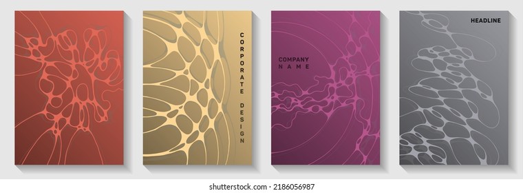 Visual model concept abstract vector covers. Bent curve lines bubble textures. Flat brochure vector templates. Radio physics cover pages graphic design set.